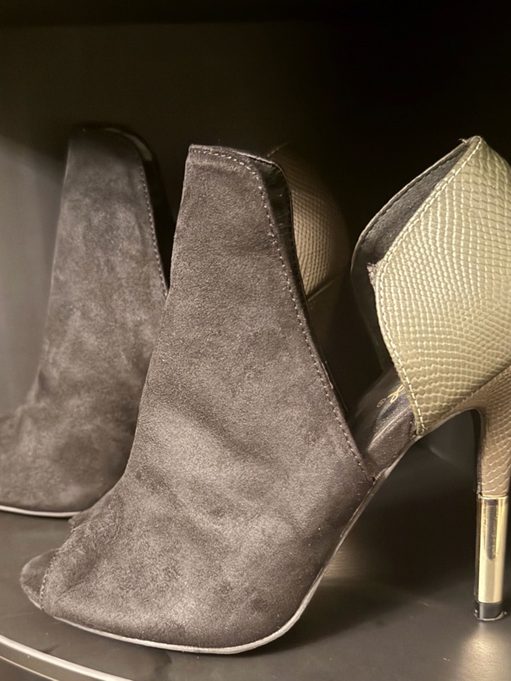 Women's Black Suede and Tan Textured Heel Booties
